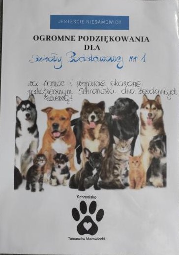 Podziękowanie - dyplom od Schroniska dla zwierząt w Tomaszowie Mazowieckim dla Szkoły Podstawowej nr 1