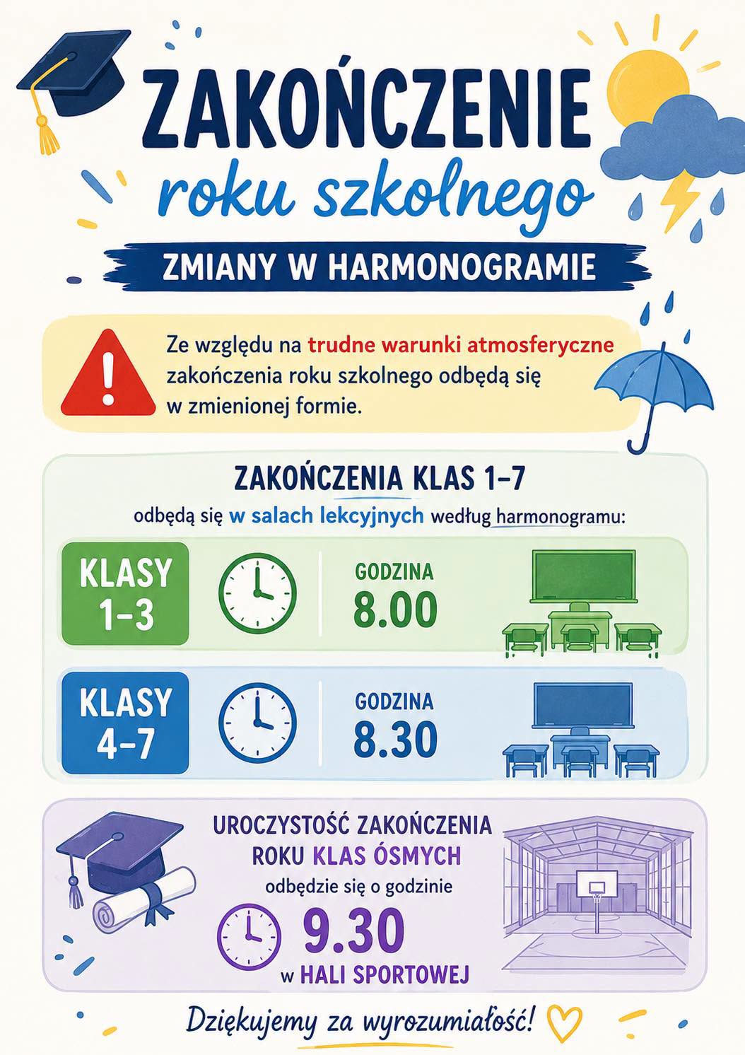 Harmonogram zakończenia roku szkolnego w JEDYNCE