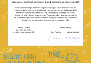 Szkoła otrzymała zaświadczenie za przyłączenie się do tegorocznych obchodów Dnia Bezpiecznego Internetu.