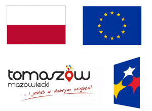 Logo: Fundusze Europejskie, Unia Europejska, Flaga Polski, logo Tomaszowa