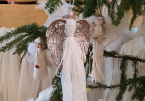 Choinki z aniołkami wykonanymi przez uczestników konkursu